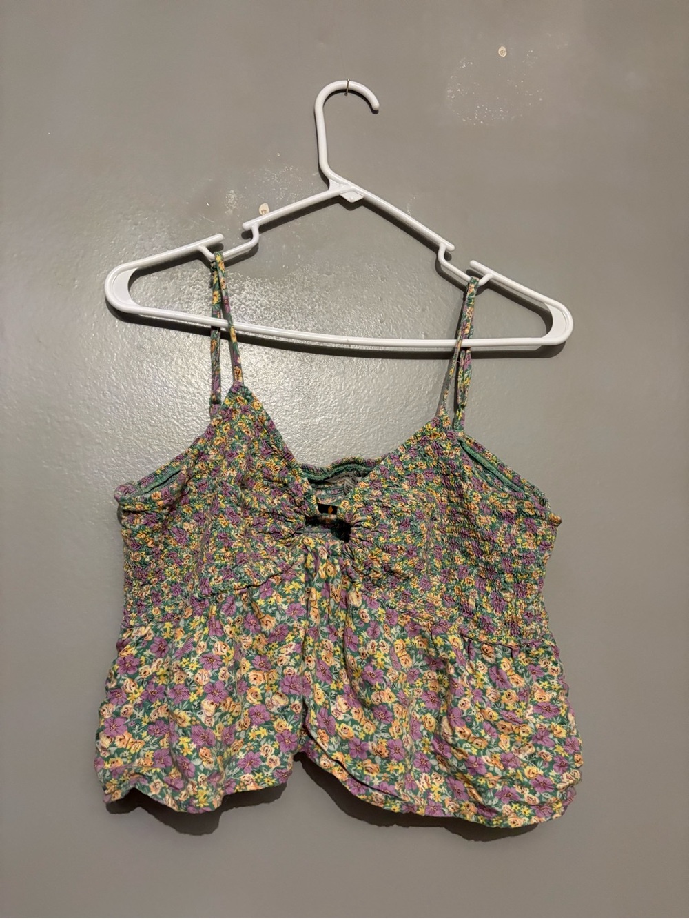 American Eagle Outfitters Floral Smocked Spaghetti Strap Tank - Purple & Yellow